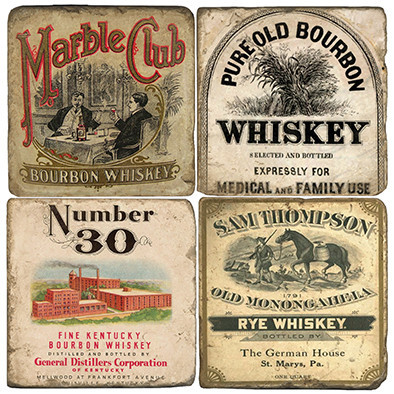 Vintage Bourbon Label Coaster Set. Handcrafted Marble giftware by Studio Vertu.