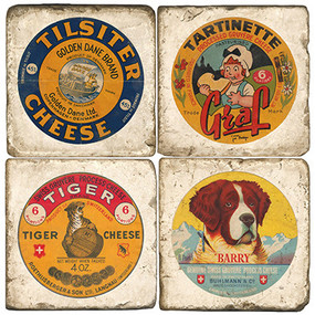Vintage Cheese Label Coaster Set. Handcrafted Marble Giftware by Studio Vertu.