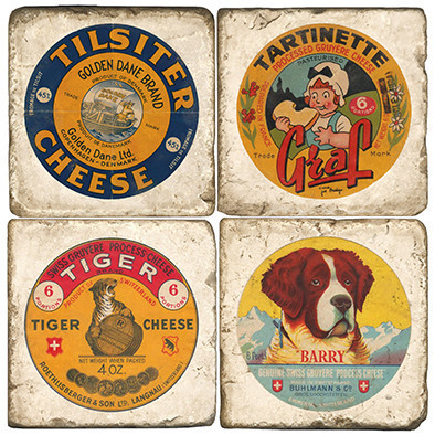 Vintage Cheese Label Coaster Set. Handcrafted Marble Giftware by Studio Vertu.