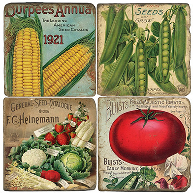 Mixed Garden Vegetable Coaster Set.  Tumbled Marble Giftware by Studio Vertu.