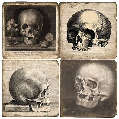 Black and White Skull Coaster Set. Handcrafted Marble Giftware by Studio Vertu.