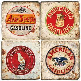 Vintage gas signs coaster set. Handcrafted marble giftware by Studio Vertu.