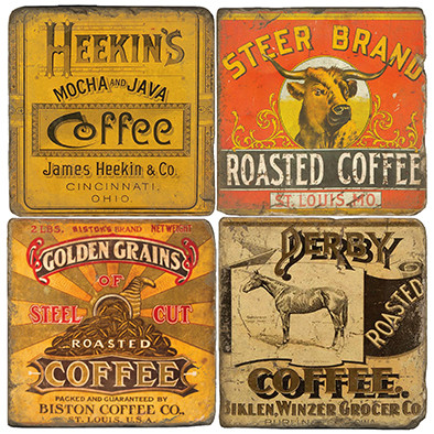 Vintage coffee tins coaster set. Handcrafted marble giftware by Studio Vertu.