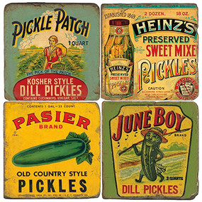Vintage pickle jar labels coaster set. Handcrafted marble giftware by Studio Vertu.