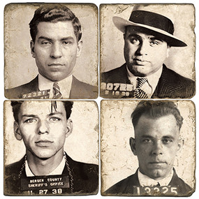 Famous gangster mugshots coaster set. Handcrafted Marble Giftware by Studio Vertu.