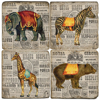 Royal circus posters coaster set. Handcrafted Marble Giftware by Studio Vertu.