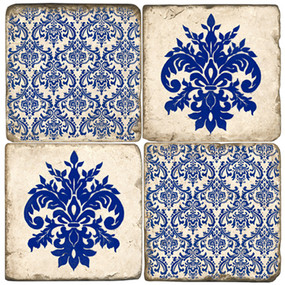 Blue Damask coaster set. Handcrafted marble giftware by Studio Vertu.