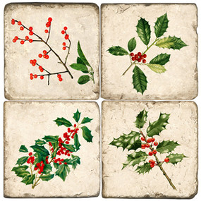 Holly branch coaster set. Handcrafted Marble Giftware by Studio Vertu.
