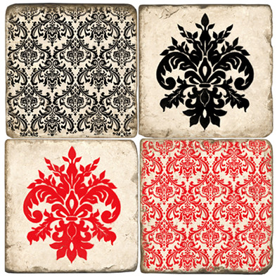 Red and Black Damask Pattern Coaster Set