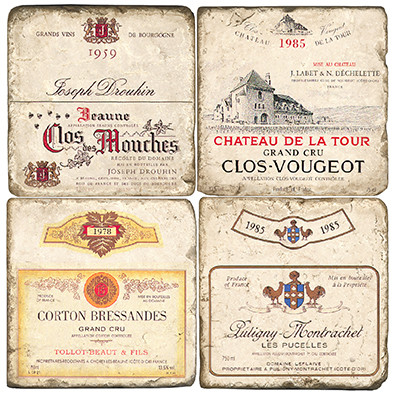 Vintage French Wine Label Coaster Set. Handcrafted Marble Giftware by Studio Vertu.