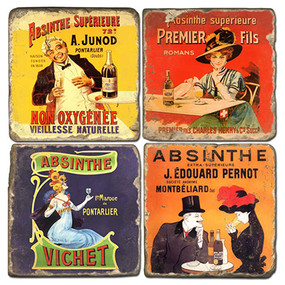 Vintage Absinthe Illustrations Coaster Set. Handmade Marble Giftware by Studio Vertu.