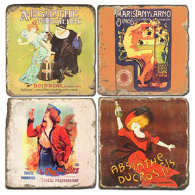 Vintage Absinthe Illustrations Coaster Set. Handmade Marble Giftware by Studio Vertu.