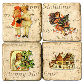 Vintage Christmas Illustrations Coaster Set