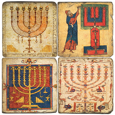 Vintage Menorah Illustrations Coaster Set