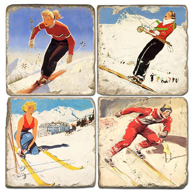 Vintage Ski Illustrations Coaster Set