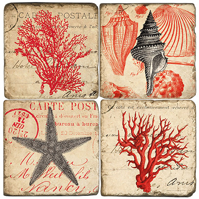 Red Coral Coaster Set. Handmade Marble Giftware by Studio Vertu.