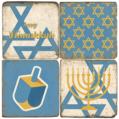 Hanukkah Themed Coaster Set.  Tumbled Italian Marble Giftware by Studio Vertu.