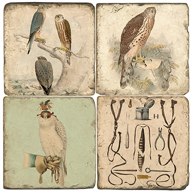 Falconry Coaster Set.  Tumbled Italian Marble Giftware by Studio Vertu.