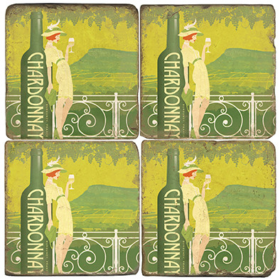 Chardonnay Coaster Set. License artwork by Anderson Design Group. Tumbled Italian Marble Giftware by Studio Vertu.