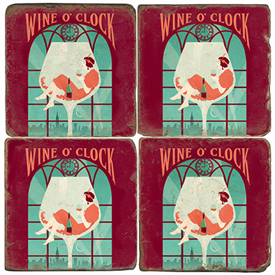 Wine O' Clock Coaster Set. License artwork by Anderson Design Group. Tumbled Italian Marble Giftware by Studio Vertu.