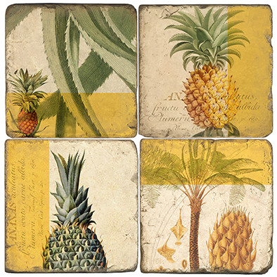 Pineapple Botanical Coaster Set.  Tumbled Marble Giftware by Studio Vertu.