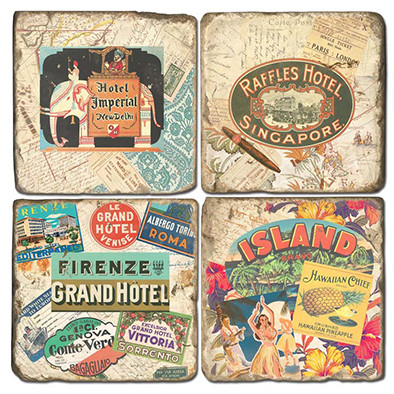 Vintage Travel Coaster Set.  Handmade Marble Giftware by Studio Vertu.