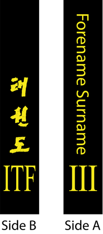 ITF competition approved belts with grade shown vertically on the left side (from wearer's point of view)