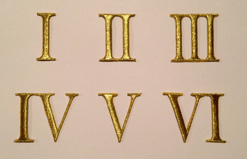 Roman numeral patches for belts with iron on backing.