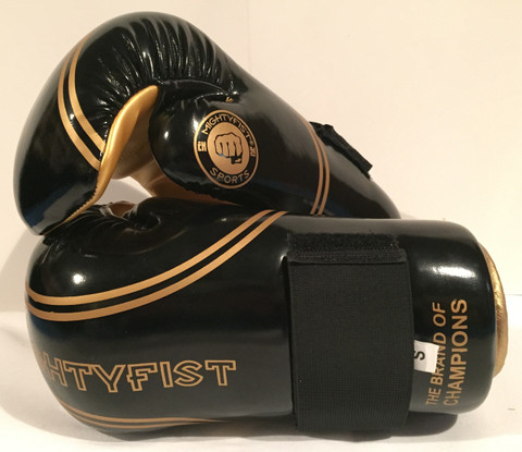 Mightyfist point sparring gloves in shiny black and gold