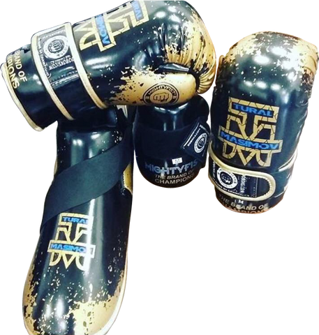 Mightyfist Tural Masimov boots in shiny black and gold