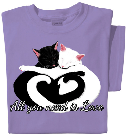 All You Need Is Love T-Shirt | Cuddling Cats on Violet Tee | 100% Cotton Pre-Shrunk