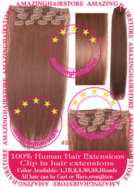 19" 9pcs 100% Human Hair clip in hair extension - 33#