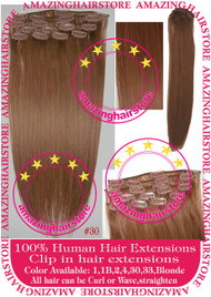 19" 9pcs 100% Human Hair clip in hair extension - 30#