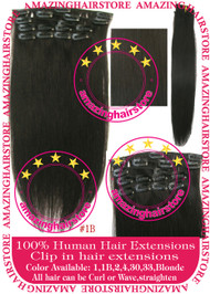 19" 9pcs 100% Human Hair clip in hair extension - 1B#