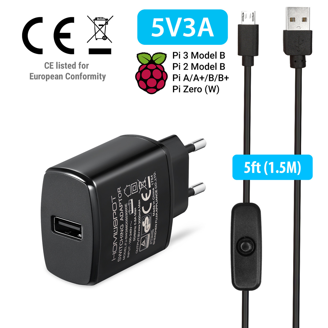 Volt Plus Tech Quick Wall Charger for Raspberry Pi 4 Model B 18W with Long 6 FT USB Type-C Cable 