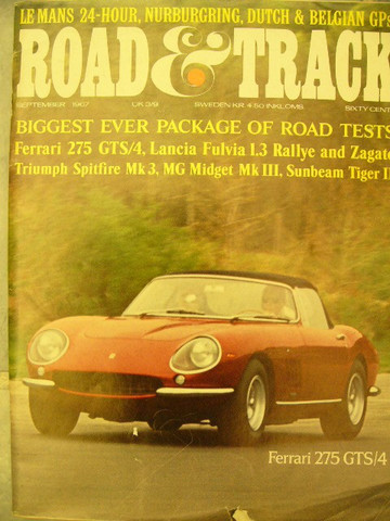 Ferrari 275 GTS/4, Sunbeam Tiger , Spitfire,MG, Lancia Road and Track magazine Sept.1967