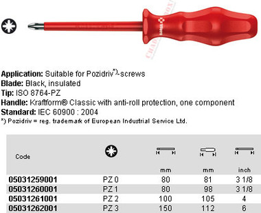 05031261001 WERA 1765i PZ VDE INS KRAFTFORM CLASSIC S/D POZI PZ2 X 100MM