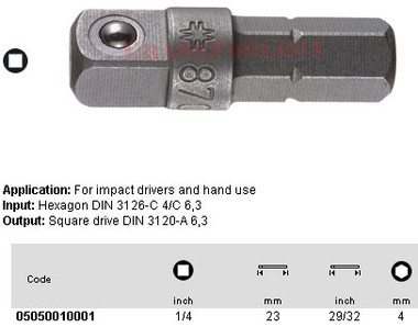 05050010001 WERA 870/0 ADAPTOR 1/4 HEX X 4MM SQ