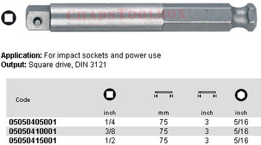 05050410001 WERA 870/6 ADAPTOR 3/8" SQ X 75MM HEX