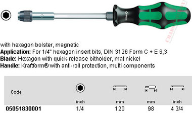 05051830001 WERA 829/4/1 QUICK REL BITHLDNG S/D 1/4" HEX X 120MM