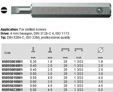 05055004001 WERA 800/0Z SLOT BIT 0.4 X 2.0 X 28MM, 4MM DRIVE