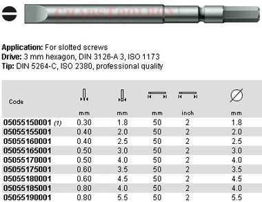 05055150001 WERA 800/00Z SLOT BIT 0.3 X 1.8 X 50MM, 3MM DRIVE