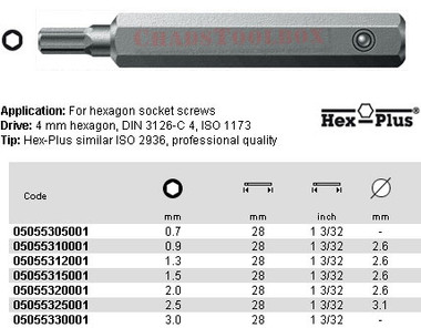 05055312001 WERA 840/0Z HEX PLUS BIT 1.3 X 28MM, 4MM DRIVE