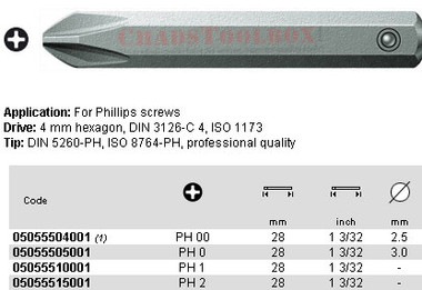 05055504001 WERA 851/0Z PHILLIPSILLIPS BIT PHILLIPS00 X 28MM, 4MM DRIVE