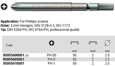 05055610001 WERA 851/00Z PHILLIPSILLIPS BIT PHILLIPS1 X 50MM, 3MM DRIVE