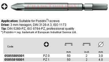 05055805001 WERA 855/00Z POZI BIT PZ0 X 50MM, 3MM DRIVE