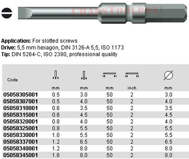 05058307001 WERA 800/3Z SLOT BIT 0.5 X 4.0 X 50MM, 5.5MM DRIVE