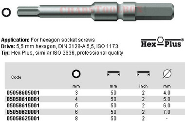 05058610001 WERA 840/3Z HEX PLUS BIT 4 X 50MM, 5.5MM DRIVE