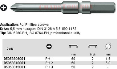 05058805001 WERA 851/3Z PHILLIPSILLIPS BIT PHILLIPS1 X 50MM, 5.5MM DRIVE