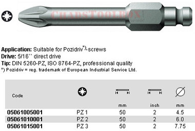 05061005001 WERA 855/5Z POZI BIT PZ1 X 50MM, 5/16" DRIVE